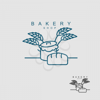 Bakery shop logo. Pan with dough. Bread and wheat ears. Rye and bread production. Production of food. Pastry shop logo.
