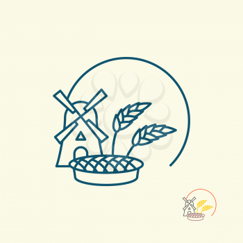 Windmill and grain. Ears of rye and pie. Logo for fresh bread or bakery. Logo for production of fresh bread and pastries.
