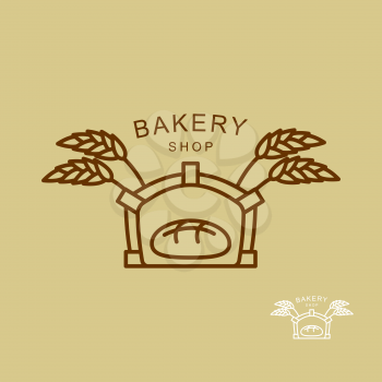 Emblem of  bakery shop. Fresh bread and wheat spikes. Oven for baking bread. Line logo store
