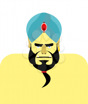 Angry Sheikh turban.  Emir with beard. Blue turban is decorated with precious stones
