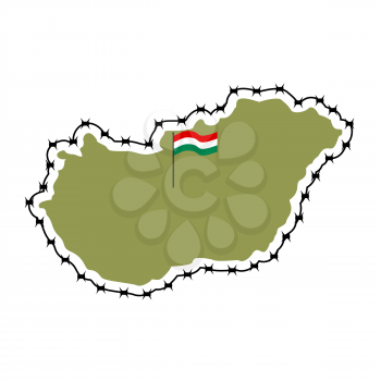 Map of Hungary. Country closes  border against refugees. Map of States with barbed wire. European country protects its borders. Hungarian Flag. Surrounded by perimeter fence