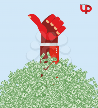 Hand and money. The hand of the winner in a heap of money. Business illustration