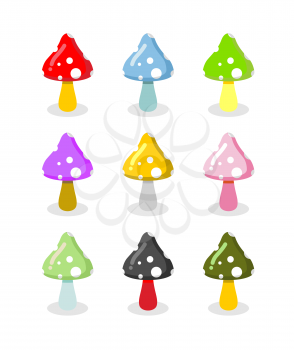 Set of multicolored mushrooms. Colored toxic poisonous toadstools
