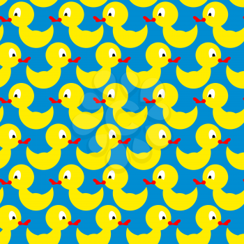 Bathing duck seamless pattern. Background of yellow toys. Vector ornament yellow bird on a blue background.
