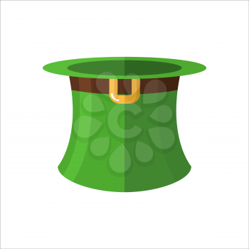 Leprechaun hat on  white background. Green old hat cylinder. Fantastic character headpiece. Illustration of  feast of St. Patrick in Ireland
