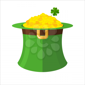 Leprechaun hat and gold. Green Hat Topper and many gold coins. Fairy Treasure leprechauns little dwarf. Illustration for  feast of St. Patrick in Ireland
