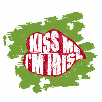 Kiss me I'm Irish. Green lips kiss. Grunge logo. Merry logo for Saint Patrick's Festival in Ireland.
