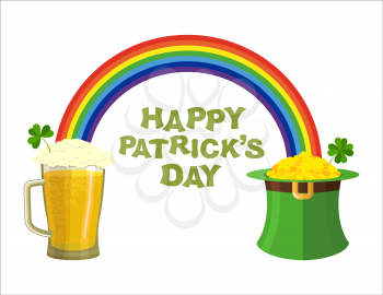 Happy Patricks day. Beer mug and Rainbow. Green Hat Topper leprechaun. Leprechaun gold. Pile of gold coins in Green Hat dwarf. Fairyland Rainbow and pint of ALE with foam

