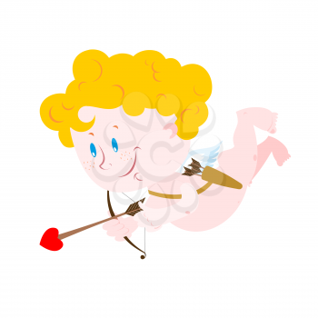 Cupid and bow. Cute little angel. Nice babe with wings for Valentines day. Arrow of love. Merry Angel of love with Golden curly hair. Illustration for February 14. Quiver of arrows for hearts.
