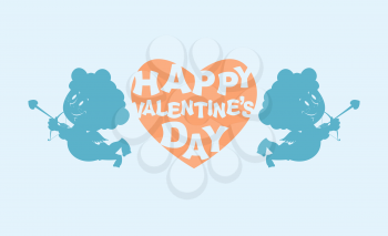 Happy Valentines day. Heart and kupiony. Little angels. Emblem for feast of love. February 14 Valentines holiday. Silhouette Angels with bows to Love feast.
