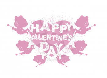 Valentine's day logo. Heart and Cupid. Many Cupids with bows. Flying angel cute. Silhouette Merry Holy child.

