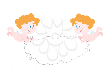 Angel holds cloud. Space for text. Two cute Angels hold white cloud. Little chubby angels.
