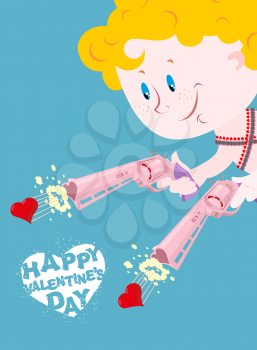 Valentine. Happy Valentines day. Cupid and Colt. Two pistols of love. Merry Angel shoots in heart. Illustration for lovers day 14 february. Cute Angel with blue eyes. Cartridge belt with bullets heart