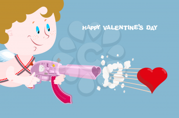 Valentine. Greeting card for Valentines day. Cupid with arms of love.  Love gun. Automatic gun loaded hearts. Shot in heart. Cute little angel for holiday lovers. Romantic holiday illustration 14 Febr