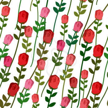 Roses seamless pattern. Rose with a long stem and leaves. Vector vintage background of beautiful red and pink flowers. Floral retro ornament.