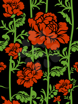 Red Roses on long stems. Seamless pattern of flowers.