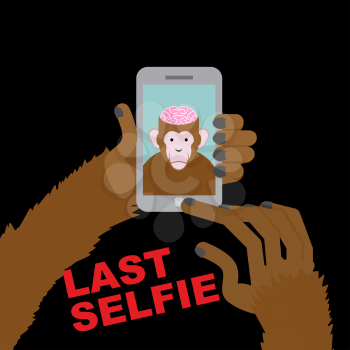 Last selfie before his death. Selfie Monkey with an open skull and pink brains. Monkey Brains a delicacy for gourmets. Vector illustration