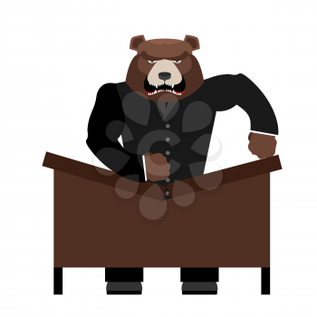 Big scary bear boss breaks table. Aggressive chef yells. Office vector illustration
