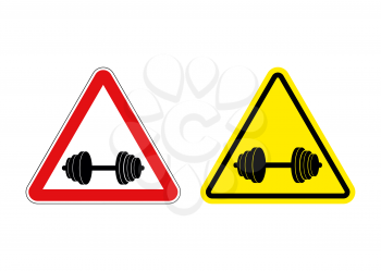 Attention fitness. Warning sign sport. Red and yellow road signs with barbell.
