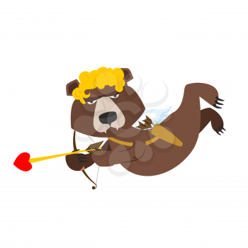 Bear Cupid. Funny wild animal in yellow wig. Shaggy Brown beast with wings of Cupid. Cupid for Russia. Angel love for Alaska. Comic illustration for Valentines day. 14 February holiday lovers.
