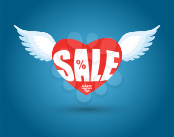 Valentines day sale. Red heart with wings. Sales, discount in February. 14 February holiday lovers. Clearance sale for lovers.
