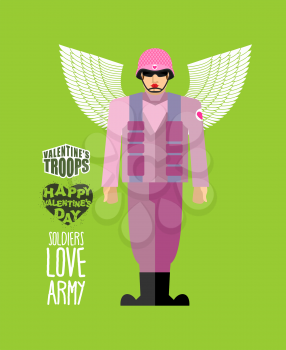 Soldiers love army. Cupid in uniform. Helmet and body armor. Military officer with wings. Valentines troops. Funny character for Valentines day on February 14.
