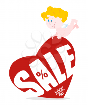 Cupid and large red heart with sale. Discounts for festive Valentines day. February sales in Shop. Little angel keeps large red heart.
