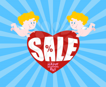 Big sale on Valentines day. Cupid and big heart. Discounts at gala Feb. 14. Hilarious Cupid holds love.
