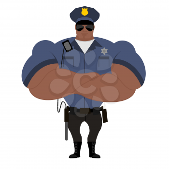 Police African American. Police officer in  performance. Strong guardian of law in blue uniform. Police badge and nightstick. Black strongman policeman.
