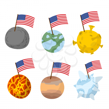 Planets of  solar system with  flag of America. Discoverers of new planets in  space. Vector illustration
