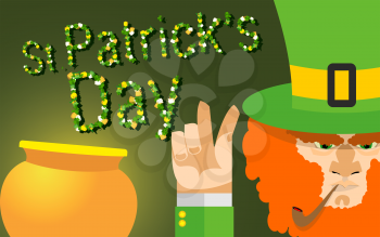 St Patricks day card with beer, lucky clover. leprechaun with a beard