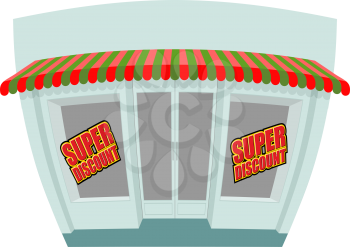 Storefront. Super discount. Great discount window shop. Funny shop in cartoon style. Sales in shop. Building with storefronts.
