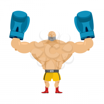 Boxer winner. Athlete in blue gloves. Bodybuilder with boxing gloves. Athlete fighter raised his hands up.
