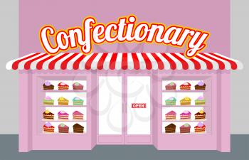 Confectionary. Storefront with cakes. Pieces of cake on a plate. Sweet dessert sold in store window. Pretty pink building shop of sweets.
