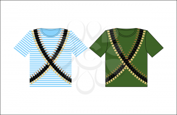 T-shirt with print cartridge belt. Clothing for Festival on February 23. Holiday in Russia. Defender of  fatherland day. Clothes of soldier and sailor. Green t-shirt and vest. Striped clothing.
