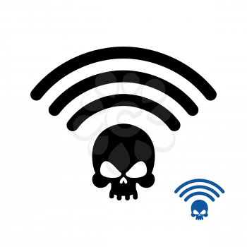 Wifi Death. Wireless transmission of death. Remote access of death. Wi-fi Wireless LAN skull. Wi fi Icon murder flat icon. Black information Waves coming from  head of  skeleton.
