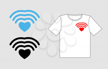 Wi fi Love. Template to design t-shirt for Valentines day. Clothing for lovers. Wifi Wireless communication sign heart. Radiation transfer of love

