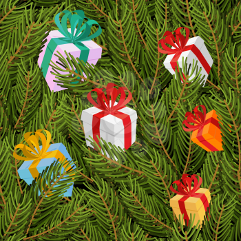 Spruce twigs and gifts seamless pattern. Christmas tree and festive background boxes. Texture for winter holidays: Christmas and new year.

