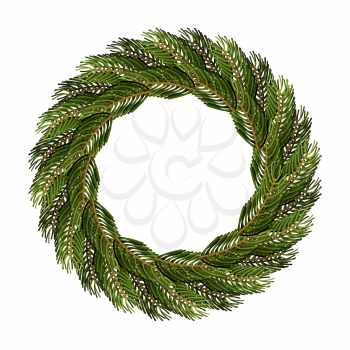Traditional wreath of spruce branches for Christmas decoration. Round frame of green tree branch.
