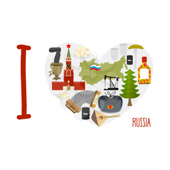 I love Russia. Heart of sights of Russian Federation. Russia map and flag bear and an oil rig. Balalaika and Ushanka, dumplings.  Moscow Kremlin. Vector illustration
