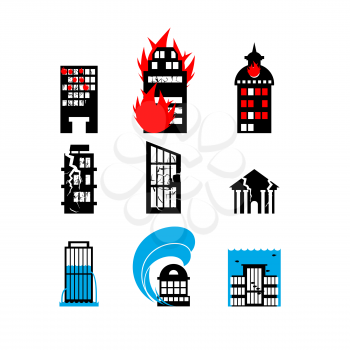 Disaster icon collection. Fire, earthquake and flood. Destroyed city building
