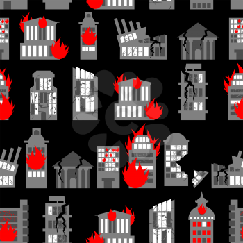 Ruined city seamless pattern. Ruins of buildings. Fire in homes. Background of war - ravaged City.
