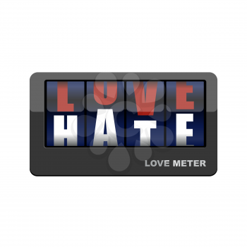 Love meter. Love and hate. Mechanical scoreboard with letters. Love gives way to hatred.
