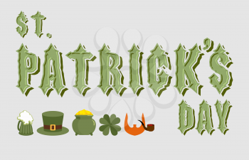 St. Patricks day. Lettering. Ancient Celtic font. Icons for a holiday in Ireland: the leprechaun's hat. Pot of gold is wealth. Clover Shamrock, oxalis. Text from the Gothic font
