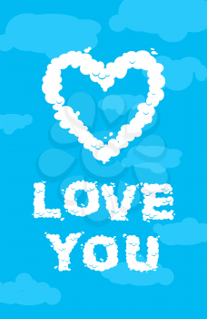 Love you cloud. Symbol of heart of the white clouds on blue heavenly background. Love in heaven
