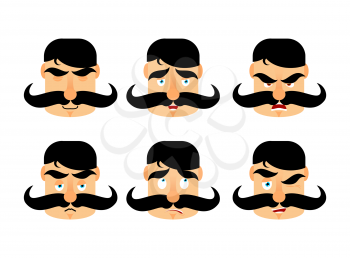Man with mustache emotions. Vintage barbel expression. Angry and good. Surprised and happy. Riley and winks

