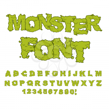 Monster font. Horrible Alphabet letters of green. Sweet Frightening ABC of terrible letters. disgusting being
