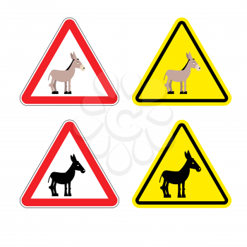 Warning sign attention donkey. Dangers yellow sign stupid man. Ass on red triangle. Set of road signs against idiocy. fool on road Warning

