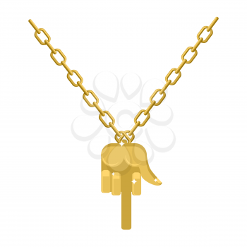 Gold fuck necklace on chain. Expensive jewelry hand with  finger. Accessory precious yellow metal for bullies. Fashionable Luxury treasure
