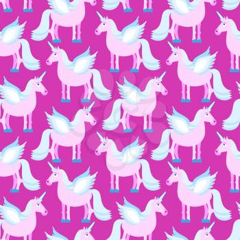 Pink Unicorn seamless pattern. Fantastic animal on purple background. Fabulous Beast texture. Mythical creature with horn ornament
